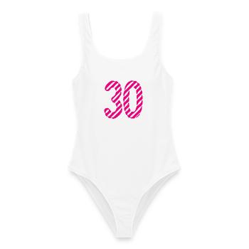30. 30 JAHRE. 30-JÄHRIGES JUBILÄUM. 30-JÄHRIGES JUBILÄUM. - Frauen Badeanzug - Weiß - Vorne - AI Model Female 172 dark (172cm)