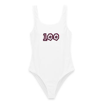 100. 100 YEARS. 100th ANNIVERSARY. BIRTHDAY 1001 - Women's Swimsuit - white - Front - AI Model Female 172 dark (172cm)