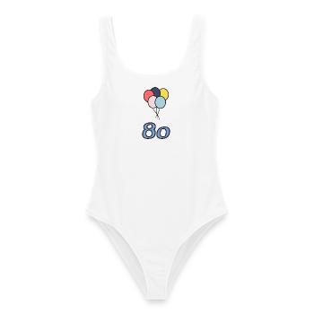 80. 80 YEARS. 80th ANNIVERSARY. 80 YEARS ANNIVERSARY. - Women's Swimsuit - white - Front - AI Model Female 172 dark (172cm)