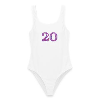 20. 20 JAHRE. 20-JÄHRIGES JUBILÄUM. 20-JÄHRIGES JUBILÄUM. - Frauen Badeanzug - Weiß - Vorne - AI Model Female 172 dark (172cm)