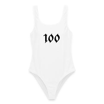 100. 100 YEARS. 100th ANNIVERSARY. BIRTHDAY 100 - Women's Swimsuit - white - Front - AI Model Female 172 dark (172cm)