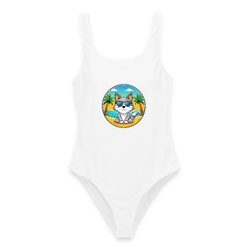 Karelian Bobtail Cat Breed Cartoon Sunglass Beach - Women's Swimsuit - white - Front - AI Model Female 172 dark (172cm)