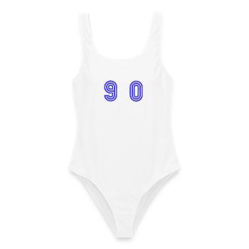 90. 90 JAHRE. 90-JÄHRIGES JUBILÄUM. 90-JÄHRIGES JUBILÄUM. - Frauen Badeanzug - Weiß - Vorne - AI Model Female 172 dark (172cm)