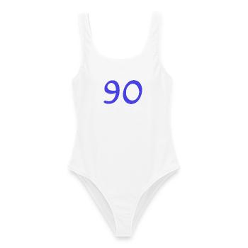 90. 90 JAHRE. 90-JÄHRIGES JUBILÄUM. 90-JÄHRIGES JUBILÄUM. - Frauen Badeanzug - Weiß - Vorne - AI Model Female 172 dark (172cm)