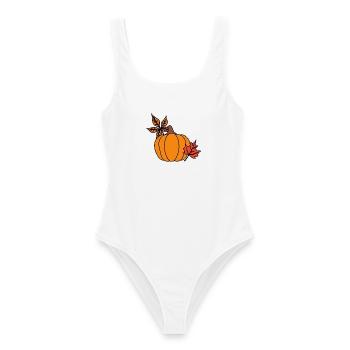 Herbstlicher Kürbis mit Blättern – Cozy Vibes - Frauen Badeanzug - Weiß - Vorne - AI Model Female 172 dark (172cm)