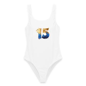 NR. 15 NUMMER 15 COOL 15. GEBURTSTAG - Frauen Badeanzug - Weiß - Vorne - AI Model Female 172 dark (172cm)