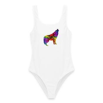 Wolf Regenbogen - Frauen Badeanzug - Weiß - Vorne - AI Model Female 172 dark (172cm)