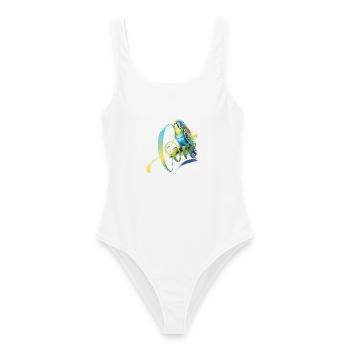 Wellensittich blau grün Zeichnung aquarell - Frauen Badeanzug - Weiß - Vorne - AI Model Female 172 dark (172cm)