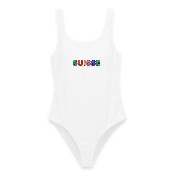 SUISSE. PAYS. GENEVE. HUMOUR. DRAPEAU. GENEVE - Maillot de bain femme - blanc - Devant - AI Model Female 172 dark (172cm)