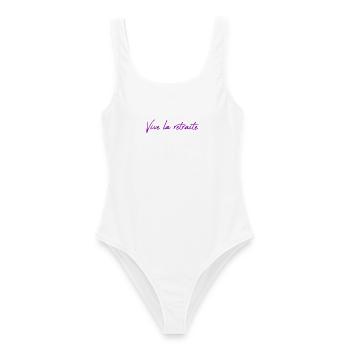 RETIREMENT. COLLEAGUE. RETIREMENT. RETIRED. RETIREMENT. - Women's Swimsuit - white - Front - AI Model Female 172 dark (172cm)