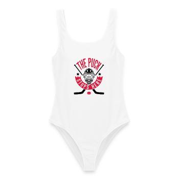 Hockey Goalie Design - The Puck Stops Here   - Women's Swimsuit - white - Front - AI Model Female 172 dark (172cm)