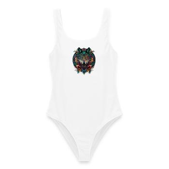 Wolf Mandala Rund – Wolf Krafttier - Frauen Badeanzug - Weiß - Vorne - AI Model Female 172 dark (172cm)