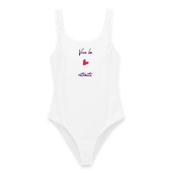 RETIREMENT. COLLEAGUE. RETIREMENT. RETIRED. RETIREMENT. - Women's Swimsuit - white - Front - AI Model Female 172 dark (172cm)
