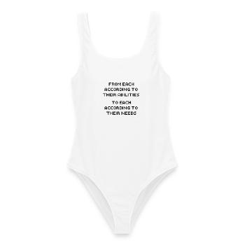 Slogan TO EACH ACCORDING TO THEIR NEEDS black - Women's Swimsuit - white - Front - AI Model Female 172 dark (172cm)