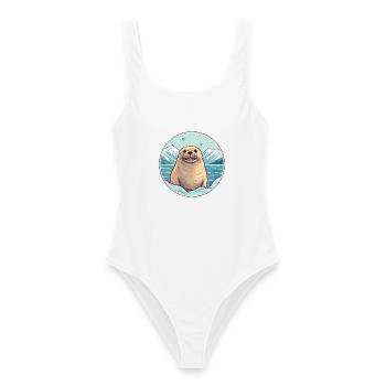 Siegel Aquarell Karikatur Kawaii Haustier Tier Bunt - Frauen Badeanzug - Weiß - Vorne - AI Model Female 172 dark (172cm)
