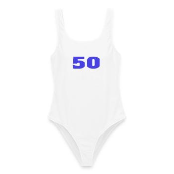 50. 50 JAHRE. 50-JÄHRIGES JUBILÄUM. 50-JÄHRIGES JUBILÄUM. - Frauen Badeanzug - Weiß - Vorne - AI Model Female 172 dark (172cm)