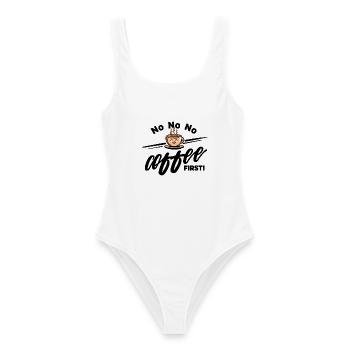No No No, Coffee first - Lächelnde Kaffeetasse - Frauen Badeanzug - Weiß - Vorne - AI Model Female 172 dark (172cm)