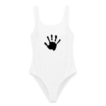 Baby im Bauch Handabdruck - Frauen Badeanzug - Weiß - Vorne - AI Model Female 172 dark (172cm)