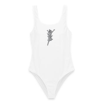 Kletternde Katze - Graue Katze hängt am Shirt - Frauen Badeanzug - Weiß - Vorne - AI Model Female 172 dark (172cm)