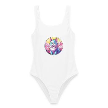 Amerikanische Bobtail-Katze Buntes Cartoon-Aquarell I - Frauen Badeanzug - Weiß - Vorne - AI Model Female 172 dark (172cm)