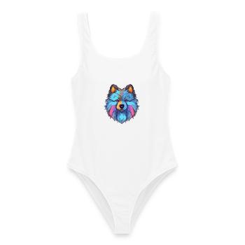 Keeshond Hunderasse Aquarell Karikatur Kawaii Farbe - Frauen Badeanzug - Weiß - Vorne - AI Model Female 172 dark (172cm)