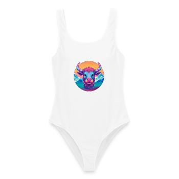 Stier Aquarell Karikatur Kawaii Haustier Tier Bunt - Frauen Badeanzug - Weiß - Vorne - AI Model Female 172 dark (172cm)