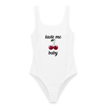 Taste me Baby - Rote Kirschen Spruch - Frauen Badeanzug - Weiß - Vorne - AI Model Female 172 dark (172cm)