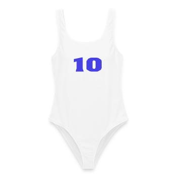 10. 10 JAHRE. 10-JÄHRIGES JUBILÄUM. 10-JÄHRIGES JUBILÄUM. - Frauen Badeanzug - Weiß - Vorne - AI Model Female 172 dark (172cm)