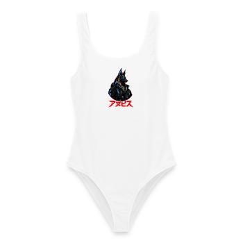 Cyberpunk Anubis Japanische rote Sonne Streetwear - Frauen Badeanzug - Weiß - Vorne - AI Model Female 172 dark (172cm)