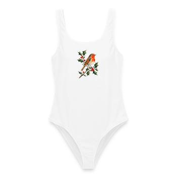 Rotkehlchen auf Stechpalme im Polygon-Stil  - Frauen Badeanzug - Weiß - Vorne - AI Model Female 172 dark (172cm)