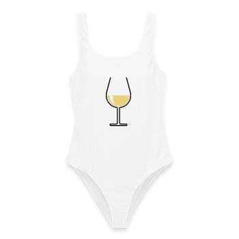 Weißweinglas Bauchig Offen (Weißwein / Wein / 2C) - Frauen Badeanzug - Weiß - Vorne - AI Model Female 172 dark (172cm)