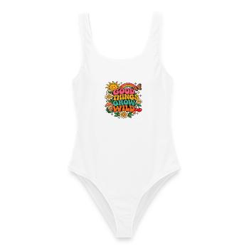 Good Things Grow Wild – Bunte Retro-Blumen - Frauen Badeanzug - Weiß - Vorne - AI Model Female 172 dark (172cm)