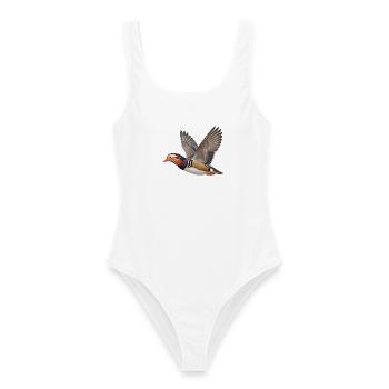 Mandarinente im Flug – farbenfroher Wasservogel - Frauen Badeanzug - Weiß - Vorne - AI Model Female 172 dark (172cm)