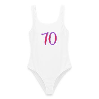 70. 70 JAHRE. 70-JÄHRIGES JUBILÄUM. 70-JÄHRIGES JUBILÄUM. - Frauen Badeanzug - Weiß - Vorne - AI Model Female 172 dark (172cm)