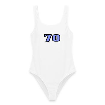 70. 70 JAHRE. 70-JÄHRIGES JUBILÄUM. 70-JÄHRIGES JUBILÄUM. - Frauen Badeanzug - Weiß - Vorne - AI Model Female 172 dark (172cm)