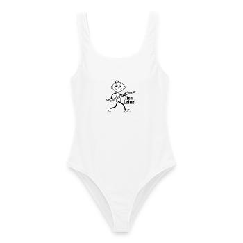 „Zieh Leine“ minimalistisches Motiv mit Strichel. - Frauen Badeanzug - Weiß - Vorne - AI Model Female 172 dark (172cm)