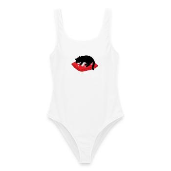 gatto_cucciolo_nero_dorme_su_un_cuscino_inverna - Frauen Badeanzug - Weiß - Vorne - AI Model Female 172 dark (172cm)