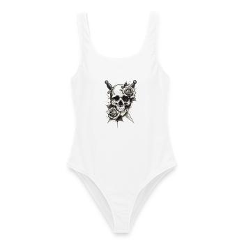 Dunkler Schädel mit Rosen Gothic Tattoo Stil - Frauen Badeanzug - Weiß - Vorne - AI Model Female 172 dark (172cm)