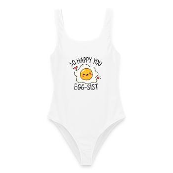 So happy you egg-sist Eier Wortwitz - Frauen Badeanzug - Weiß - Vorne - AI Model Female 172 dark (172cm)
