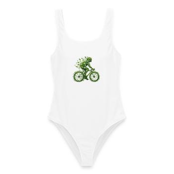 Radfahrer aus grünen Blättern – Fahrrad trifft Umw - Frauen Badeanzug - Weiß - Vorne - AI Model Female 172 dark (172cm)