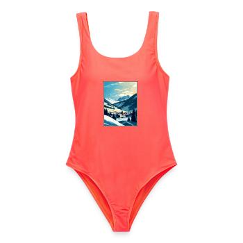 Saalbach Österreich Vintage Reiseposter Souvenir - Frauen Badeanzug - Korallenrot - Vorne - AI Model Female 172 light (172cm)
