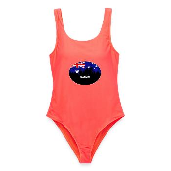 Darwin-Australien-Flaggen-Skyline-Schattenbild-Reise - Frauen Badeanzug - Korallenrot - Vorne - AI Model Female 172 light (172cm)