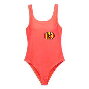 Katalanische Flagge 66 lächelnd rot und gelb - Frauen Badeanzug - Korallenrot - Vorne - AI Model Female 172 light (172cm)