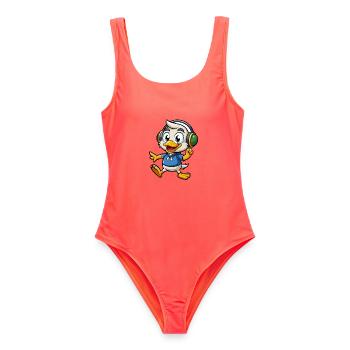Ente Lustige Zeichentrickfigur Kopfhörer Musik - Frauen Badeanzug - Korallenrot - Vorne - AI Model Female 172 light (172cm)