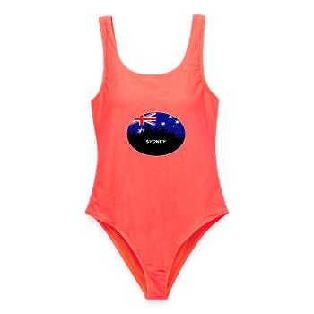 Sydney-Australien-Flaggen-Skyline-Schattenbild-Reise - Frauen Badeanzug - Korallenrot - Vorne - AI Model Female 172 light (172cm)