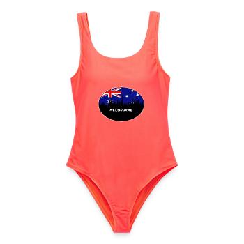 Melbourne-Australien-Flaggen-Skyline-Schattenbild-Reise - Frauen Badeanzug - Korallenrot - Vorne - AI Model Female 172 light (172cm)