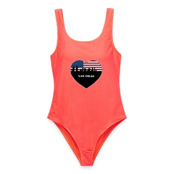 San Diego Kalifornien USA Flagge Skyline Reisen Souve - Frauen Badeanzug - Korallenrot - Vorne - AI Model Female 172 light (172cm)