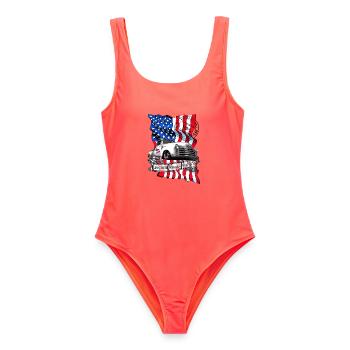 Amerikanischer Oldtimer Flagge Print - Frauen Badeanzug - Korallenrot - Vorne - AI Model Female 172 light (172cm)