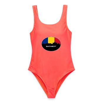 Bukarest Rumänien Flagge Skyline Silhouette Reisen - Frauen Badeanzug - Korallenrot - Vorne - AI Model Female 172 light (172cm)