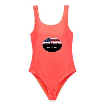 Cleveland Ohio USA Flagge Skyline Reise Souvenir - Frauen Badeanzug - Korallenrot - Vorne - AI Model Female 172 light (172cm)
